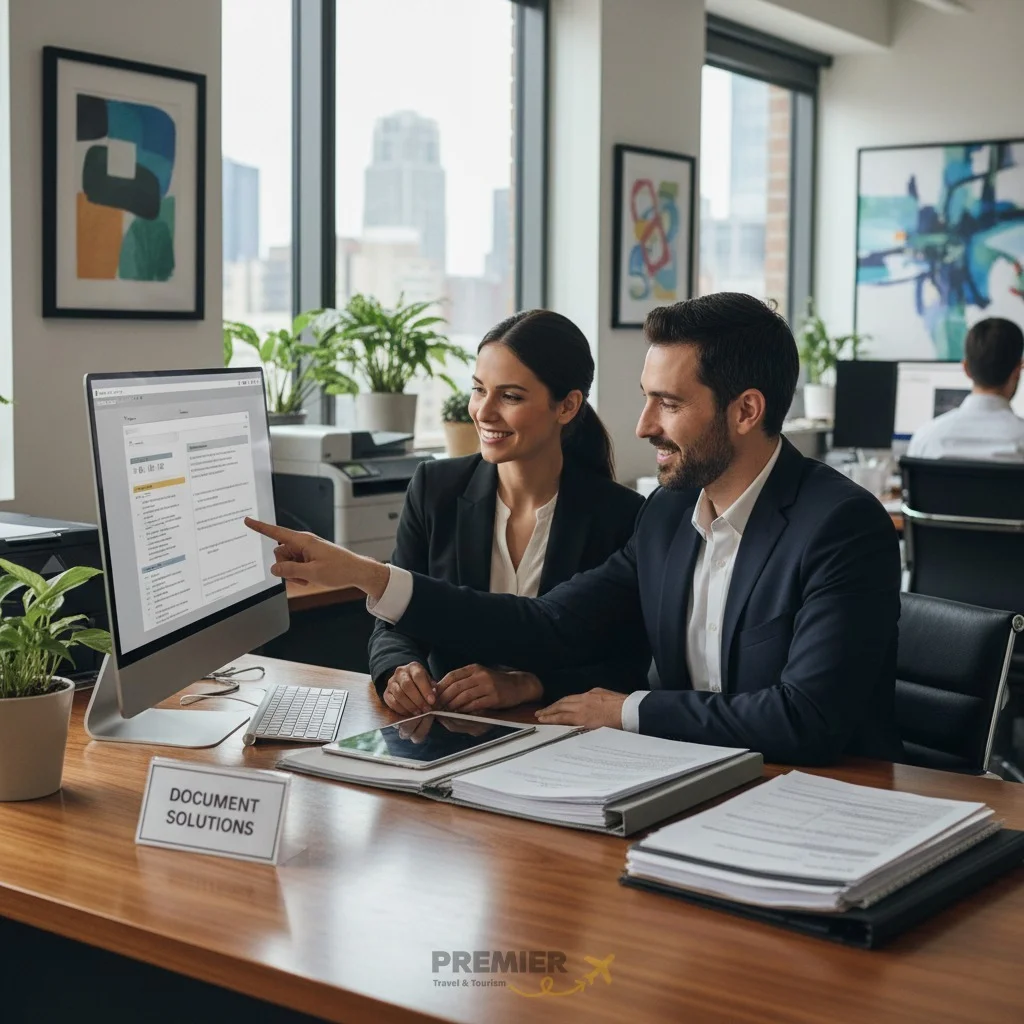 happy client preparing document with travel agent