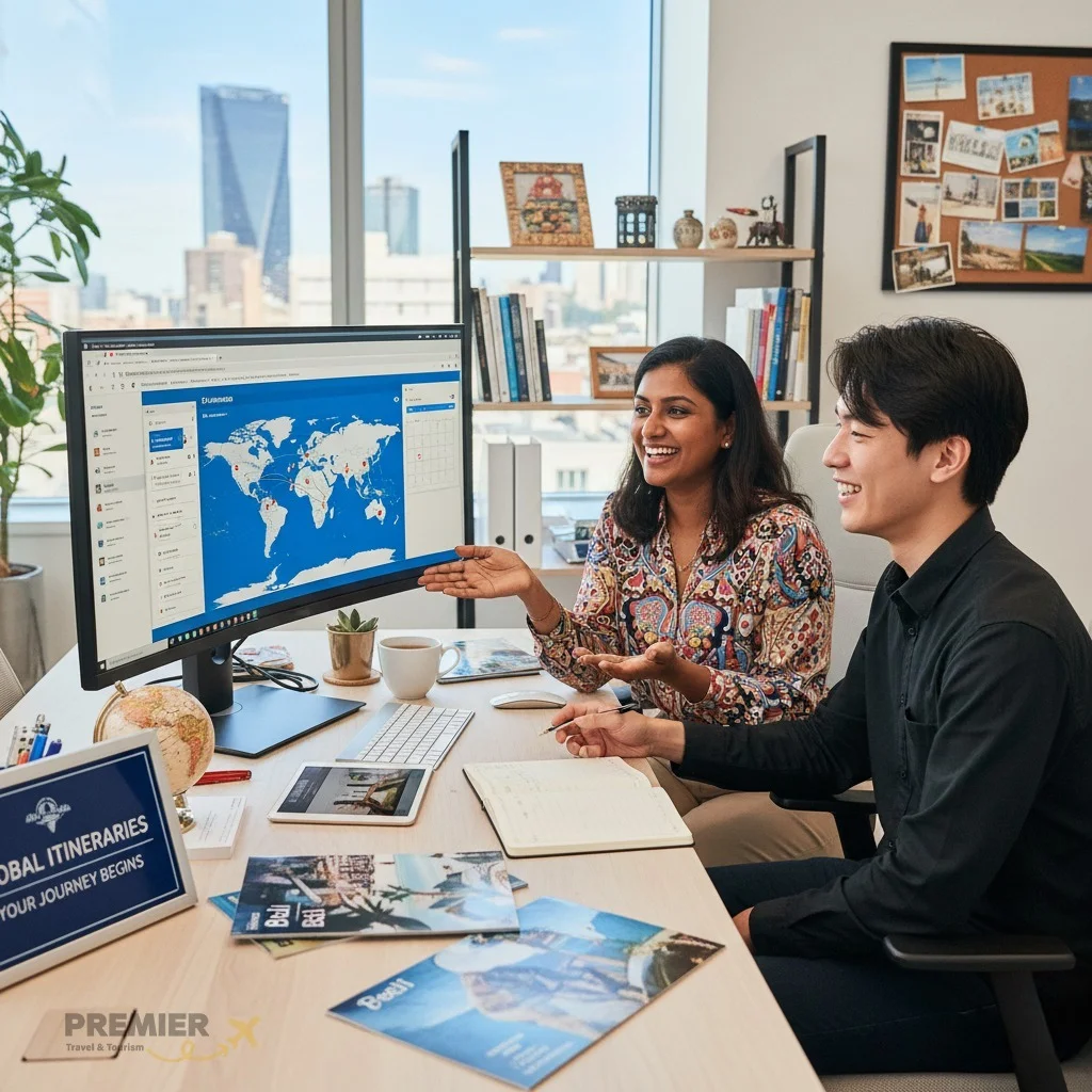 Travel planning happy client with agent